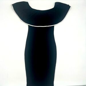 Vintage Symphony Off Shoulder Black Bodycon Dress Sz S Ruffle Neckline, Made USA